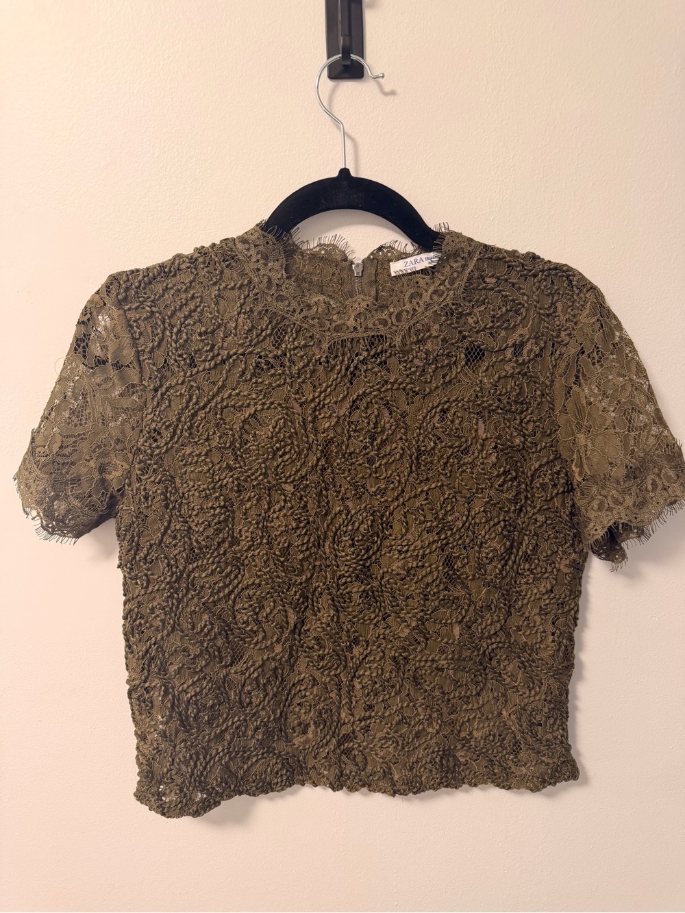 Zara Olive Lace Short Sleeve Crop Top